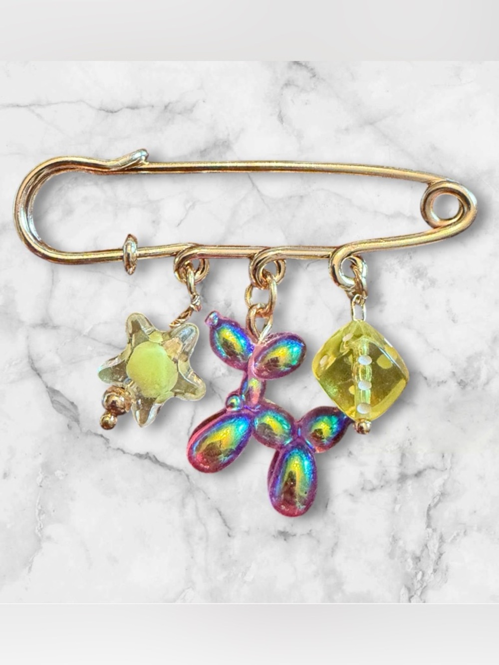 Gold Safety Pin Charm Brooch Iridescent Balloon Dog